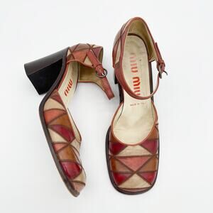 Miu Miu Vintage 90s Patchwork Leather Mary Jane Block Heel Pumps Rare IT 40.5